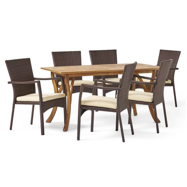 Noble House Corle 1 Teak Finish and Brown 7-Piece Wood and Faux Rattan Outdoor Patio Dining Set