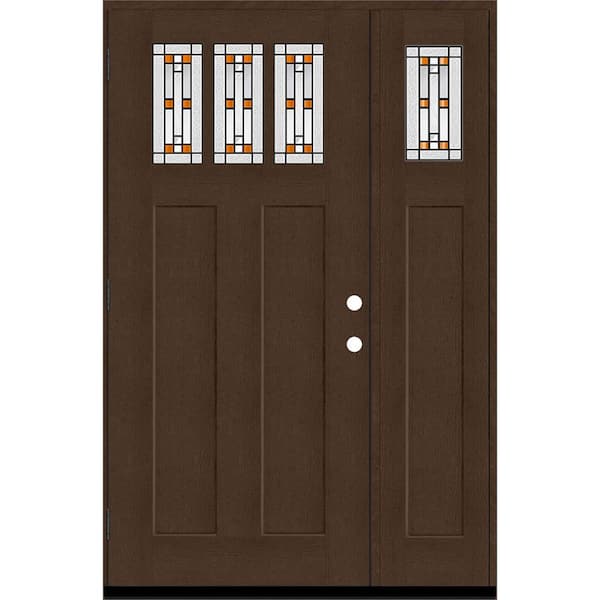 Steves & Sons Regency 51 in. x 80 in. 3Lite Amberton Deco Glass RHOS Hickory Stain Fir Grain Fiberglass Prehung Front Door w/12in.SL