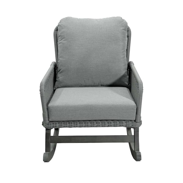 Unbranded Gray Wood Outdoor Rocking Chair with Gray Cushions, Patio Rattan Rocker Chair for Garden Backyard, Porch, Patio, Balcony