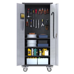 16 in. D x 31 in. W x 71 in.H Metal Storage Freestanding Cabinet Set with Pegboard and Wheels in Black and Grey