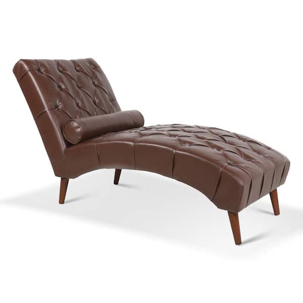 Modern Brown Luxury Faux Leather Armless Chaise Lounge with Round Pillow