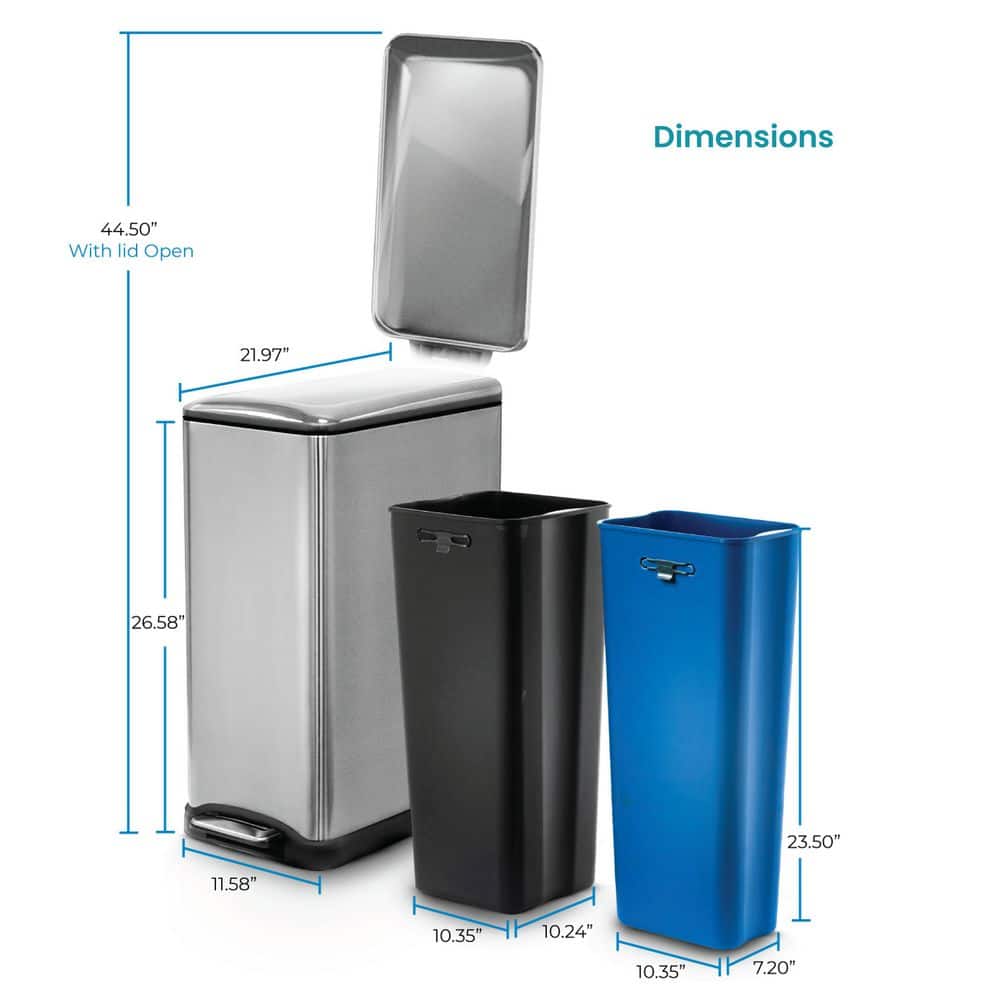 Home Zone Living 13 Gallon Dual Compartment Stainless Steel Kitchen Trash Can with Step Pedal and Soft Close Lid, Silver VA42486A