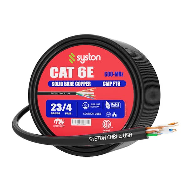 50 ft. Black CMP Plenum Rated Cat 6e 600 MHz 23 AWG Solid Bare Copper Ethernet Network Cable-Bulk No Ends Heat Resistant