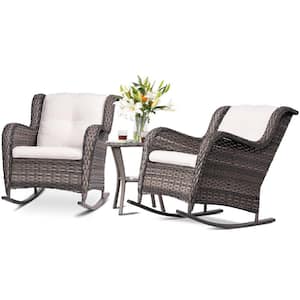 3-Piece Brown Wicker Patio Rocker Outdoor Bistro Sets with Beige Cushions and Matching Side Table