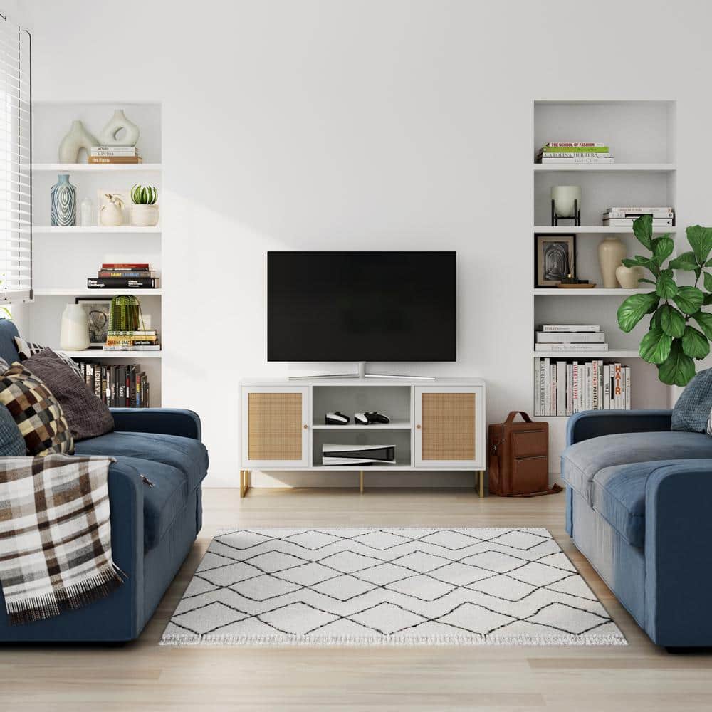 White and Gold Rattan Door TV Stand for 55" TVs