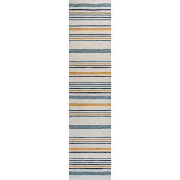 Janus Classic Coastal Ticking Stripe Reversible Machine-Washable Cream/Navy 2 ft. x 8 ft. Indoor/Outdoor Runner Area Rug