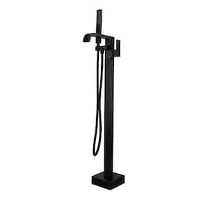 Single-Handle Floor Mount Freestanding Tub Faucet with Hand Shower Brass Roman Bathtub Filler in Matte Black