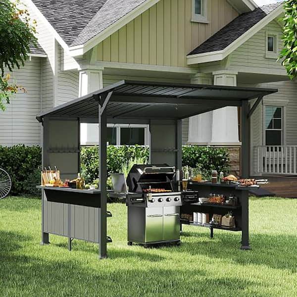 9 ft. x 10 ft. Gray Hardtop Grill Gazebo with Storage Shelves, Outdoor BBQ Canopy with Expansion Platform