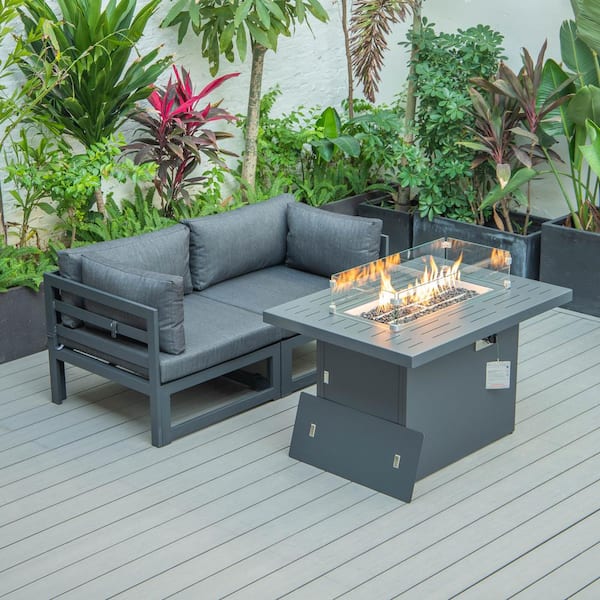 Leisuremod Chelsea Black 3-Piece Aluminum Patio Fire Pit Set with Black Cushions