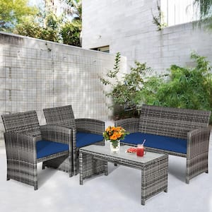 4-Pieces Patio Outdoor Rattan Conversation Furniture Set with Navy Cushion