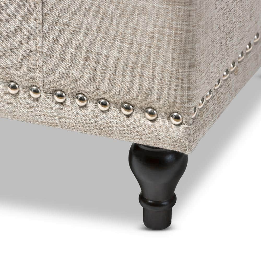 Kaylee Beige Button-Tufted Storage Ottoman Bench with Silver Nailheads