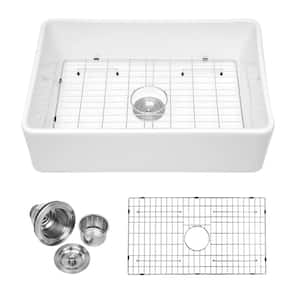 White Fireclay 30 in. Single Bowl Farmhouse Apron Front Kitchen Sink with Bottom Grid