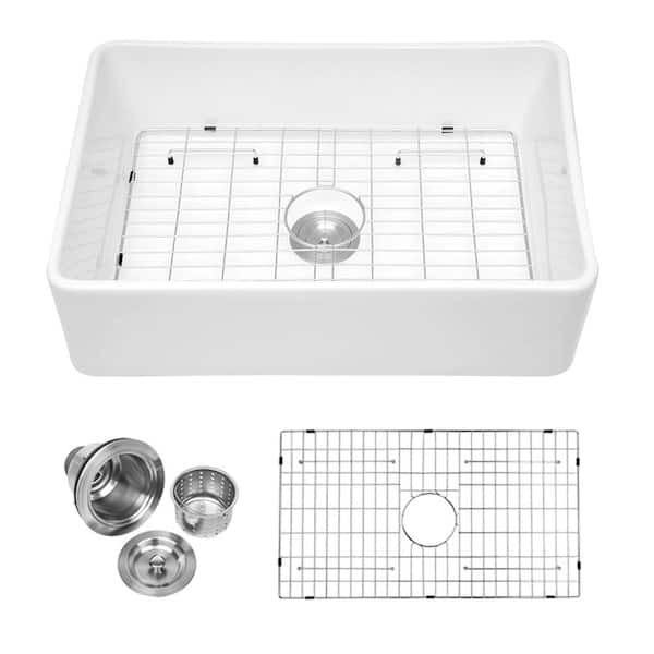 LORDEAR White Fireclay 30 in. Single Bowl Farmhouse Apron Front Kitchen Sink with Bottom Grid
