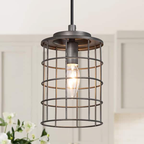 Industrial Gray 1-Light Drum Pendant Light Modern Cage Candlestick Island Pendant Light for Foyer, Hallway, Bedroom