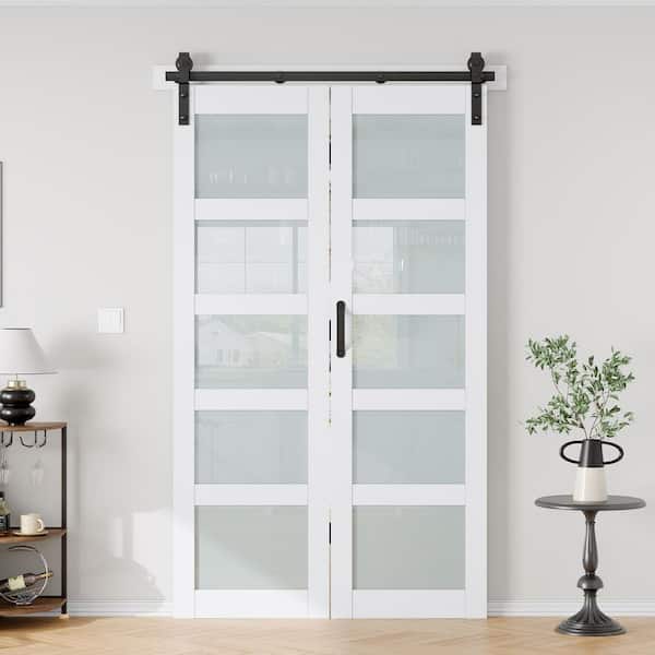 48 in. x 84 in. 5 Lite Frosted Glass Solid Core Wood White PVC Bi-fold Door with Hardware