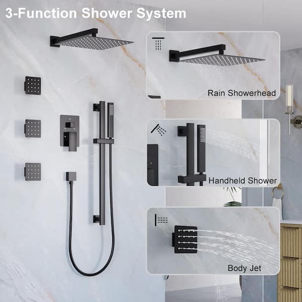 WELLFOR 3-Spray Wall Bar Shower Kit with Hand Shower in Matte Black, 3 Jets, 11.81 in. Square Rain Shower Head, Valve Included