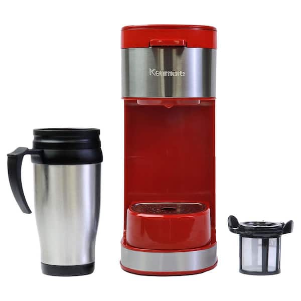 Programmable Single Serve Cup Red Stainless Steel Black Coffee Maker with Touch Controls.