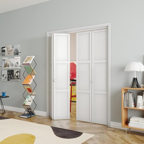 TENONER 30 in. x 80 in. Webbing and Wood Bi-Fold Interior Door for Closet, MDF, White Folding Door Wardrobe, Including Hardware