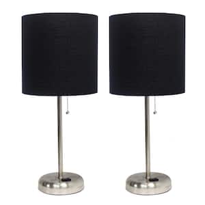 19.5 in. Brushed Steel and Black Stick Lamp with Charging Outlet and Fabric Shade (2-Pack)
