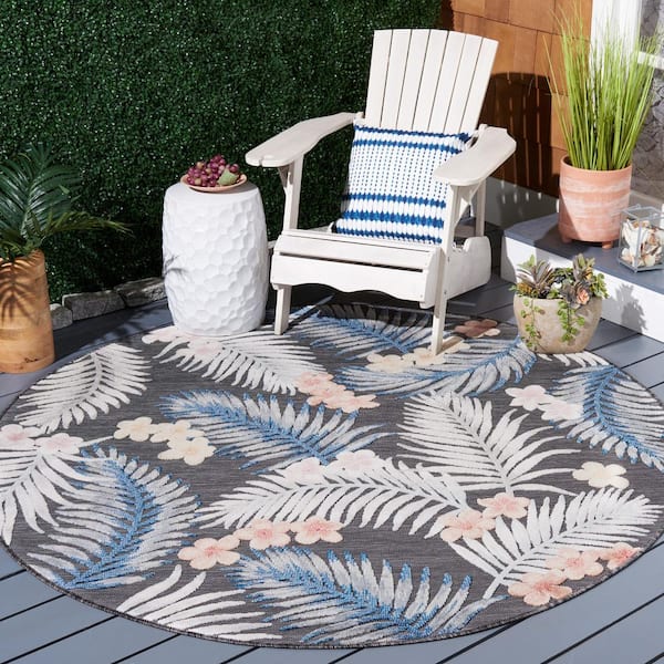 Cabana Black/Rust 6 ft. x 6 ft. High-Low Botanical Floral Indoor/Outdoor Round Area Rug