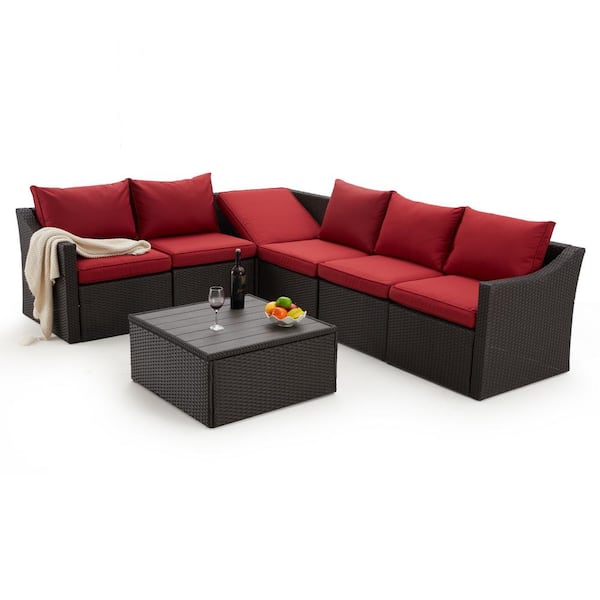 Cesicia 7-Pieces PE Rattan Wicker Outdoor Sofa Set Conversation Furniture Couch with Wine Red Cushions