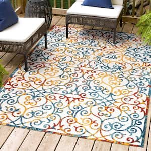 Atrani Scroll Cream/Blue/Red 4 ft. x 6 ft. Trellis Indoor/Outdoor Area Rug