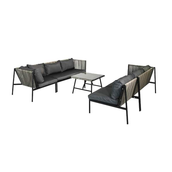 Tenleaf 5-Piece Black Metal Patio Conversation Set with Gray Cushions