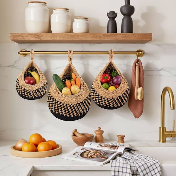 3-Piece Hanging Wall Fruit Basket, Teardrop Hanging Basket, Bohemian Storage, Wall Basket in Linen and Black