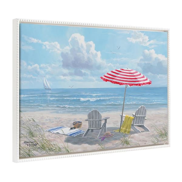 Kate and Laurel Colorful Beach Landscape Framed Canvas Wall Art 1-Piece White Framed Canvas Art Print, 28 in. x 38 in.