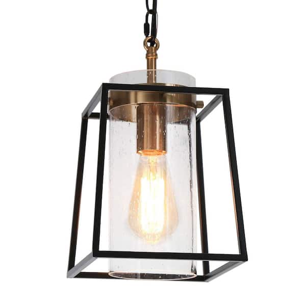 Black and Gold Pendant Light, 1-Light Modern Drum Kitchen Island Pendant Lighting with Seeded Glass Shade