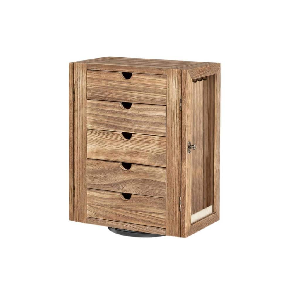 360° Rotating Brown Rectangular Wood Jewelry Box with 5 Drawers