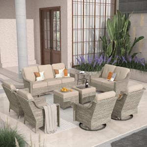 Eureka Gray 9-Piece Wicker Modern Outdoor Patio Conversation Sofa Seating Set with Swivel Chairs and Beige Cushions