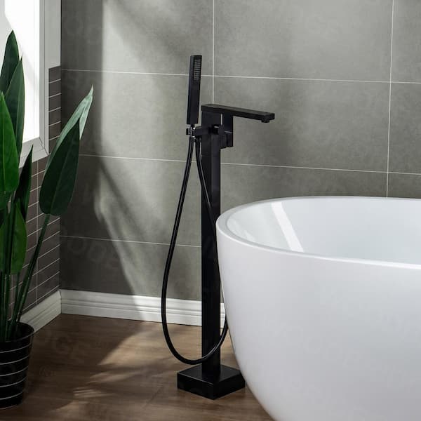 WOODBRIDGE Austin Single-Handle Freestanding Floor Mount Tub Filler Faucet with Hand Shower in Matte Black