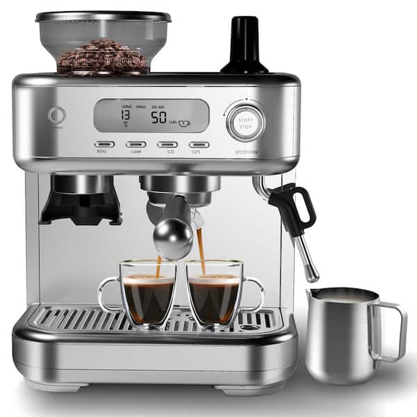 2 Cup Stainless Steel Digital Display Semi-Automatic Espresso Machine with Built-In Grinder and Milk Frother