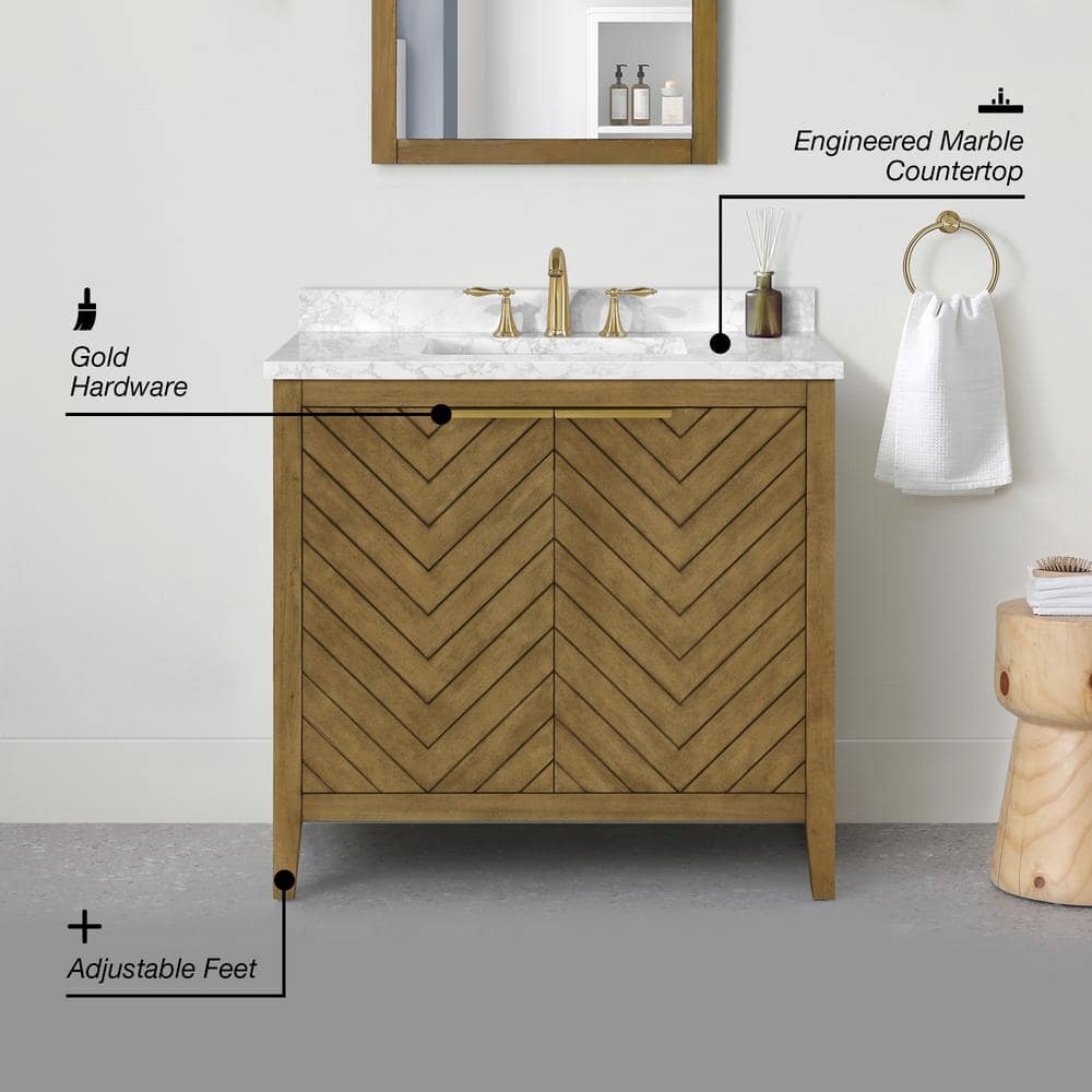 36 in. Almond Latte Single Sink Bathroom Vanity with Marble Top