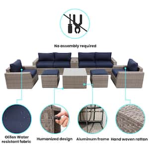 9-Piece All Weather Wicker Patio Conversation Sets with Navy Cushions