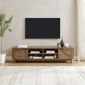 70 in. Rustic Oak Wood Modern Farmhouse TV Stand with 2 Barndoors Fits TVs up to 80 in.