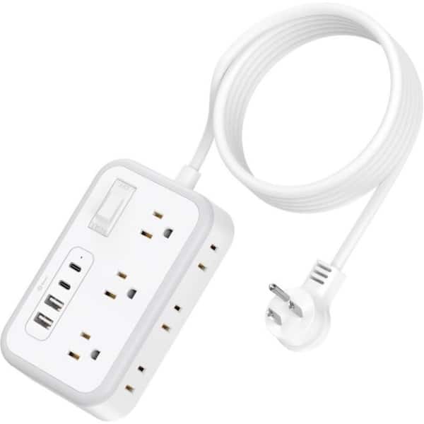 phyfalip 6-Outlet Surge Protector Power Strip with USB Port, Flat Plug Extension Cord 10 ft. in White