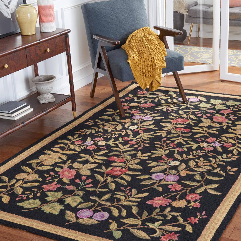Handmade Black Floral Wool Rectangular Rug