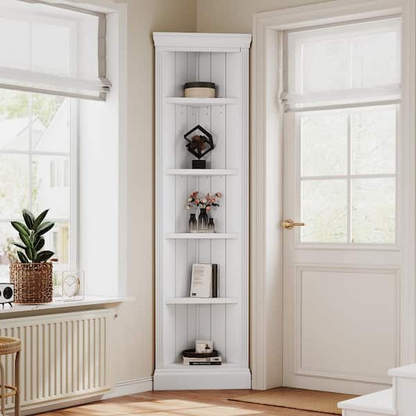 Harper & Bright Designs 83.4 in. Tall White Wood 5-Shelf Corner Accent Bookcase with Storage Standing Shelf