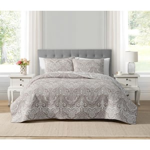 Ojai Medallion Stripe Taupe 3-Piece All-Season Soft Woven Matelasse Jacquard Reversible Cotton Blend Quilt Set - King