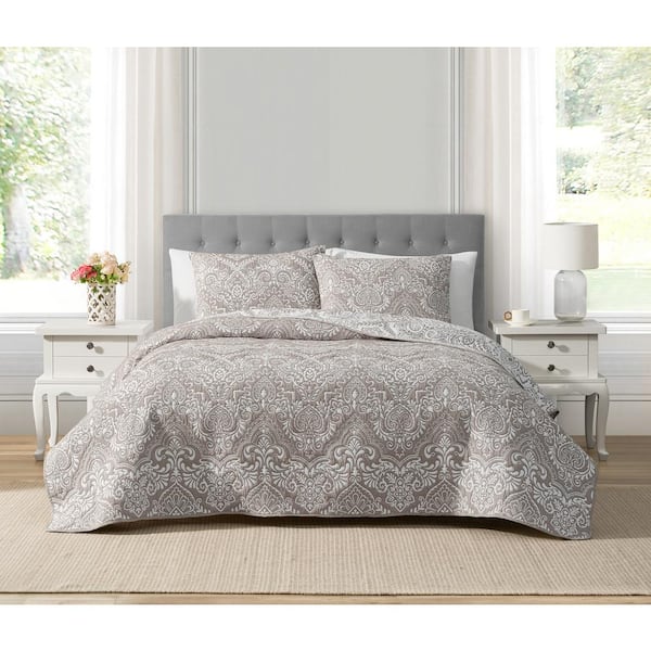 Ojai Medallion Stripe Taupe 3-Piece All-Season Soft Woven Matelasse Jacquard Reversible Cotton Blend Quilt Set - King