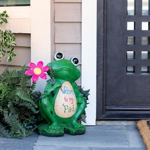 18 in. Tall Outdoor Frog with Color Changing LED Lights and Welcome Sign Yard Statue