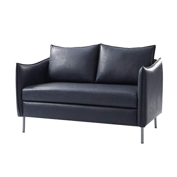 Theodoric Navy 53"W Modern Faux Leather Upholstered Leather Loveseat