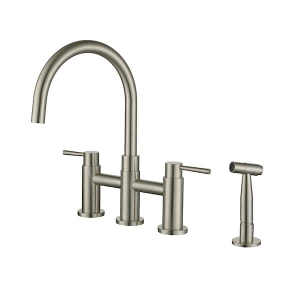 Double Handle 1.8 GPM Bridge Kitchen Faucet with Side Sprayer in Brushed Nickel