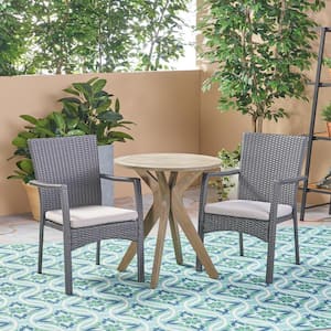 Kent Gray 3-Piece Wood and Faux Rattan Outdoor Bistro Set with Gray Cushions