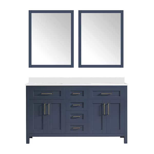 Tahoe 60 in. Double Sink Midnight Blue Bath Vanity with White Engineered Stone Top, Outlet, and Mirrors (Assembled)