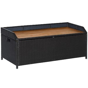 52 Gal. Wicker Deck Box Bench, Steel Patio Furniture Pool Outdoor Storage Bench Container w/Natural Wood Top