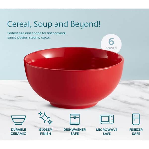 Wudkey 20 fl. oz. Red Ceramic Porcelain Cereal and Soup Bowls with