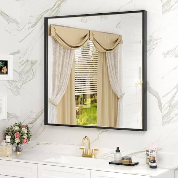 Apmir 36 in. W x 36 in. H Square Aluminum Alloy Framed and Tempered Glass Wall Bathroom Vanity Mirror in Matte Black